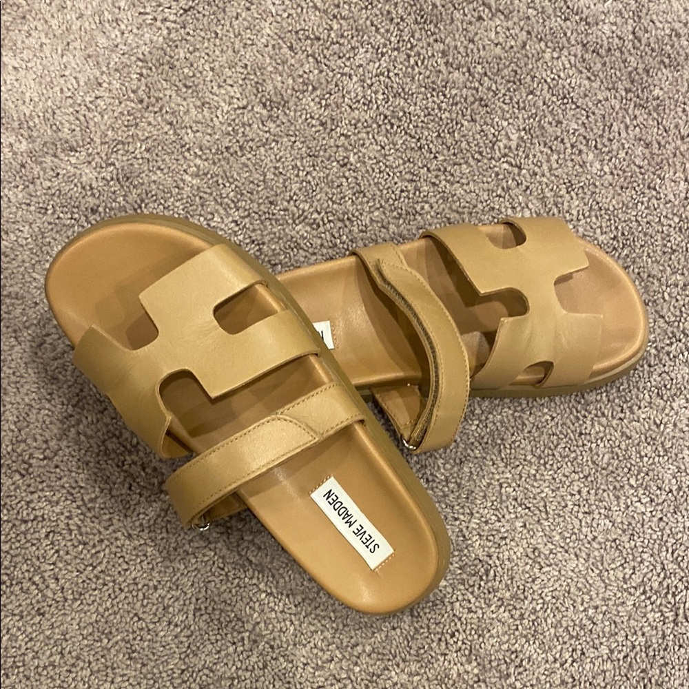 Steve Madden Cognac Leather Double-Strap Slide Sandals